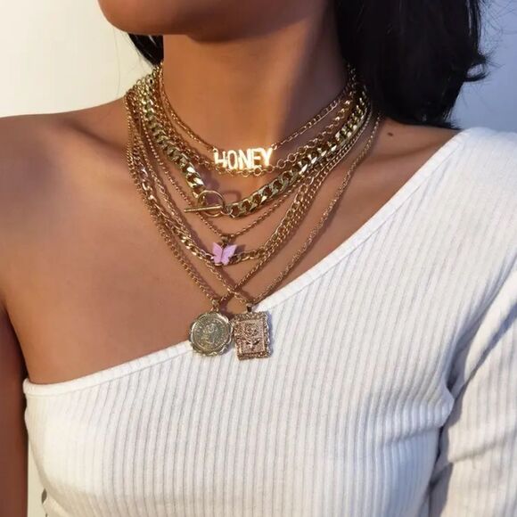 Gold and Pink 7 Layered Necklace with Pendant Details - Picture 1 of 7